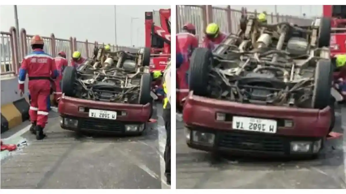 Isuzu Panther terguling akibat pecah ban di Jembatan Suramadu