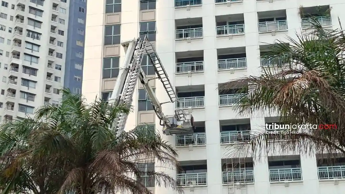 Petugas Damkar DKI melakukan evakuasi penghuni Apartemen Pavilion Tanah Abang