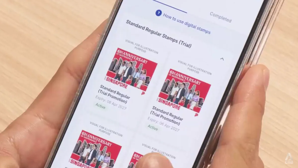 Tampilan antarmuka perangko digital yang dapat diakses melalui aplikasi seluler SingPost.